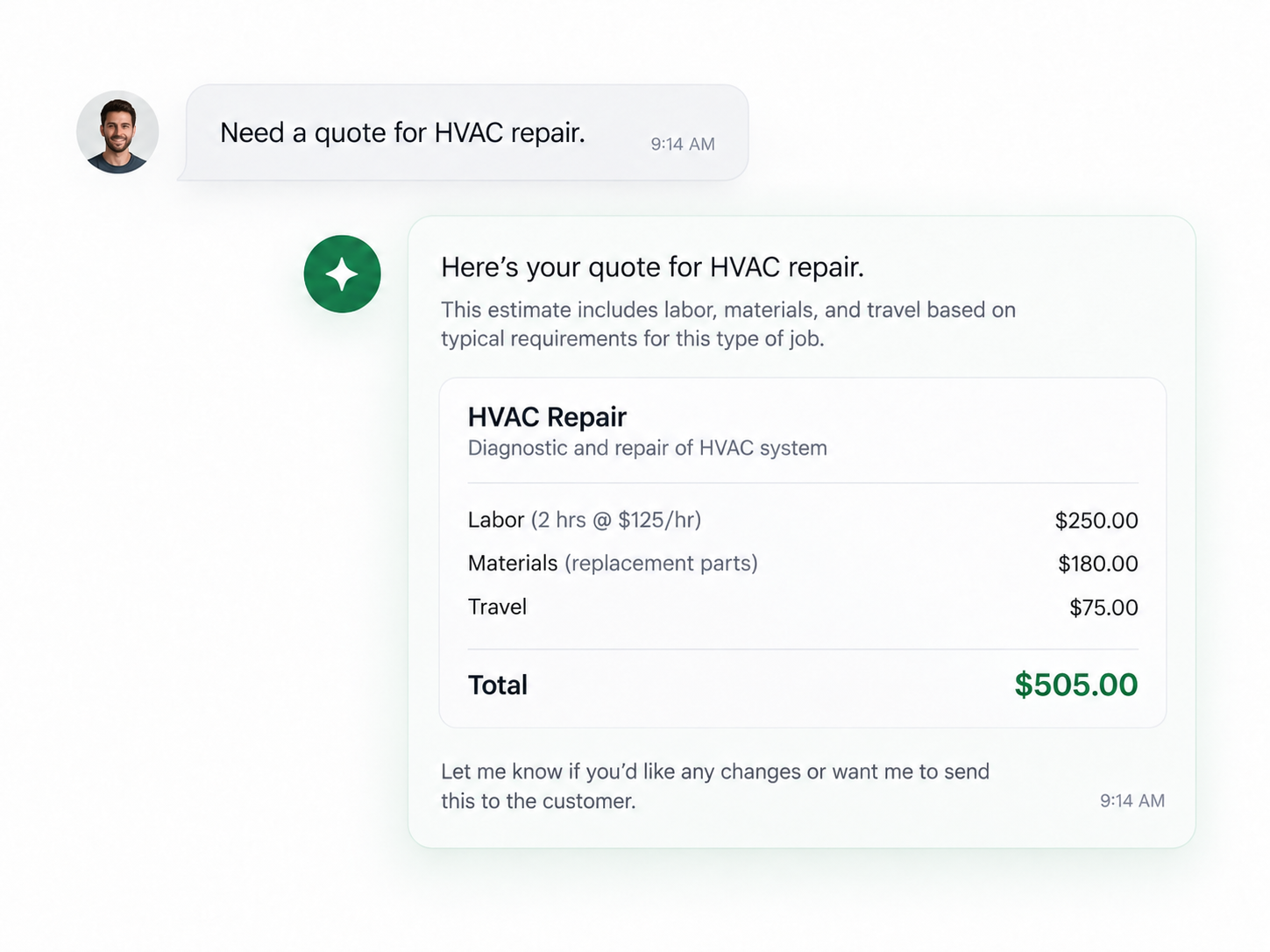AI assistant preparing an HVAC repair estimate with labor and material costs